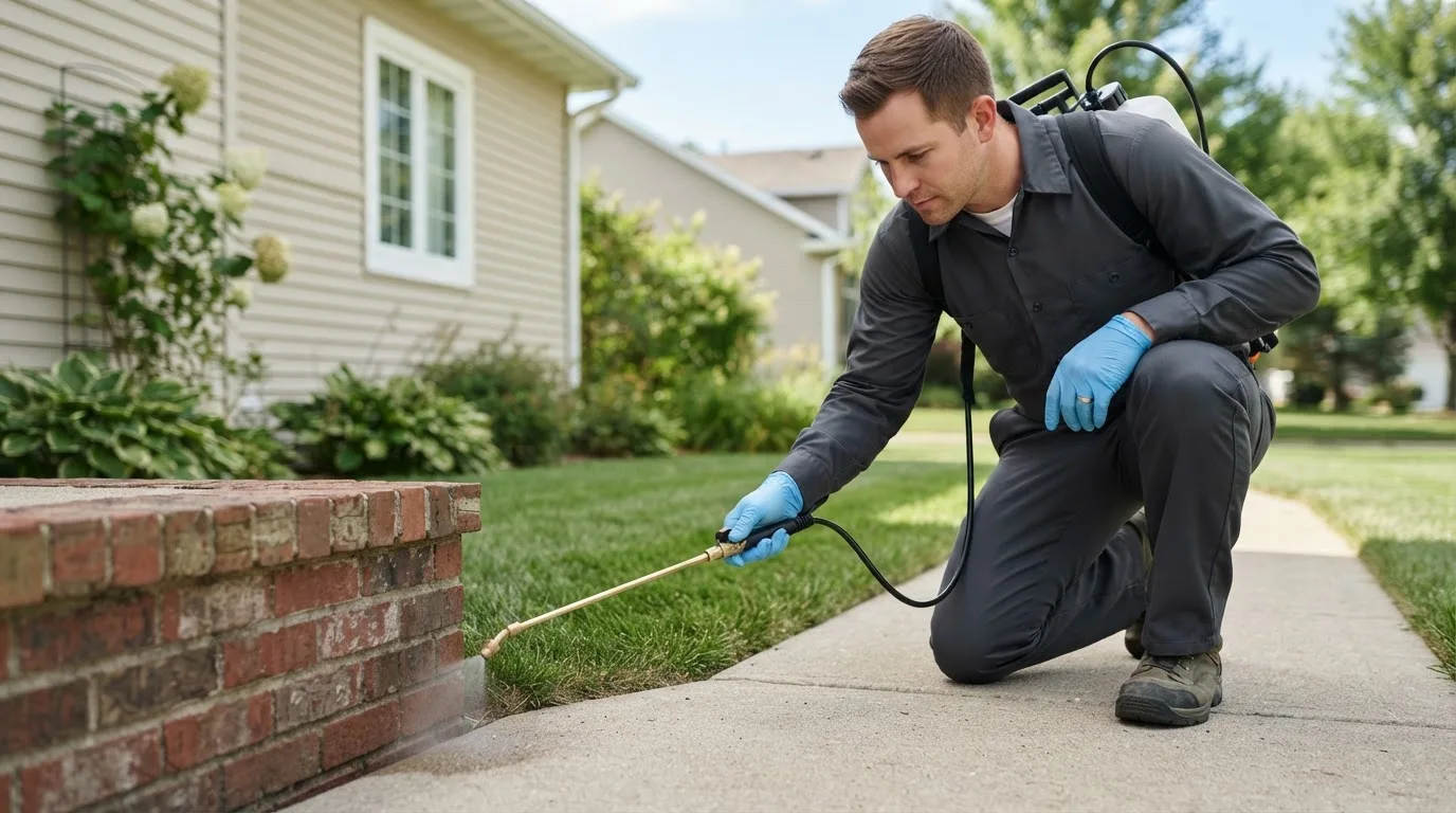 Pest control technician treating a home near Princeton, IL